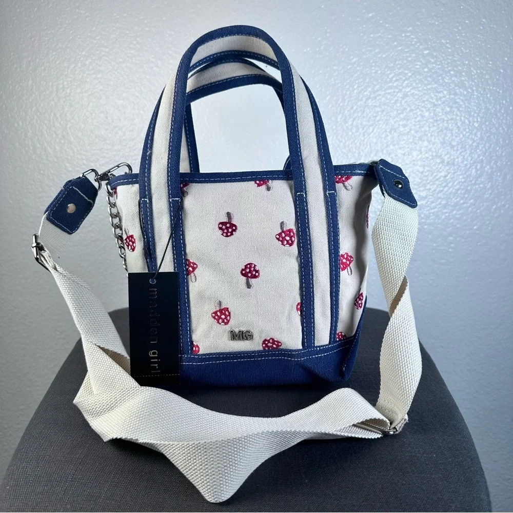 Madden Girl Mini Tote Mushroom Navy Blue Teddy Bear Jeweled Keychains - Picture 6 of 7